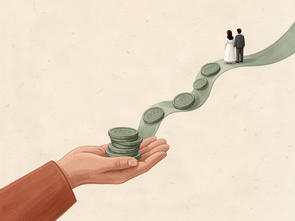 An open hand receiving a stack of coins that travel along a path leading back to a couple